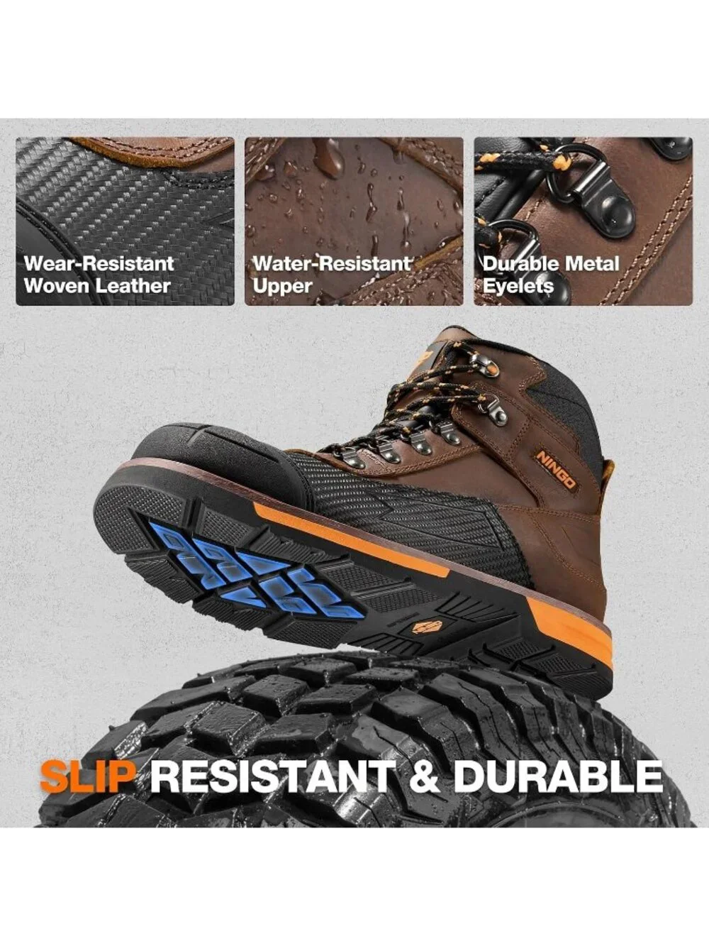 Men's Brown Breathable Shoes Low Heel High Top Steel Toe Non Slip Hiking Boot